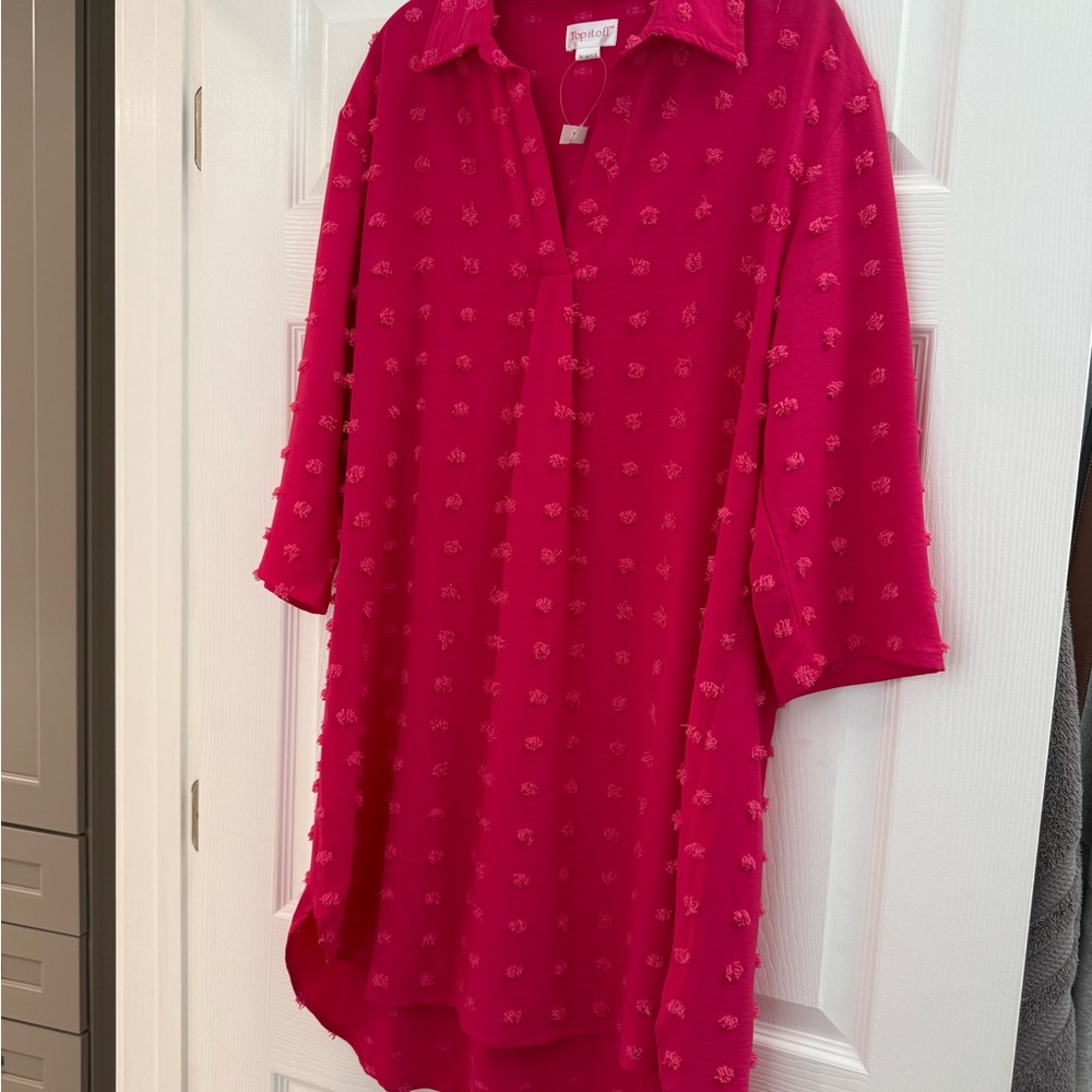 Red Textured Button-Up Dress